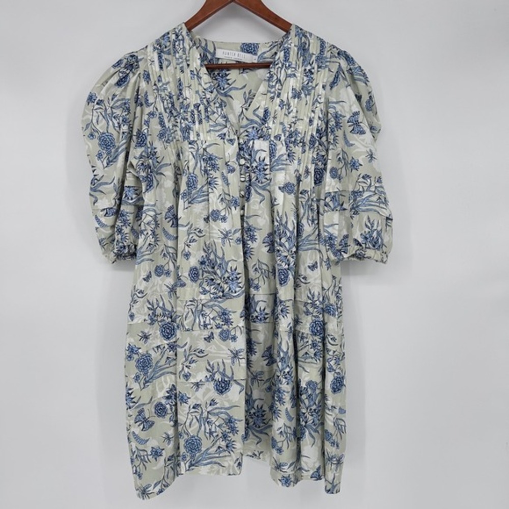 Hunter Bell Jenkins Gardenia Mini Dress Floral Blue and Beige Puff Sleeves Large - Picture 3 of 7